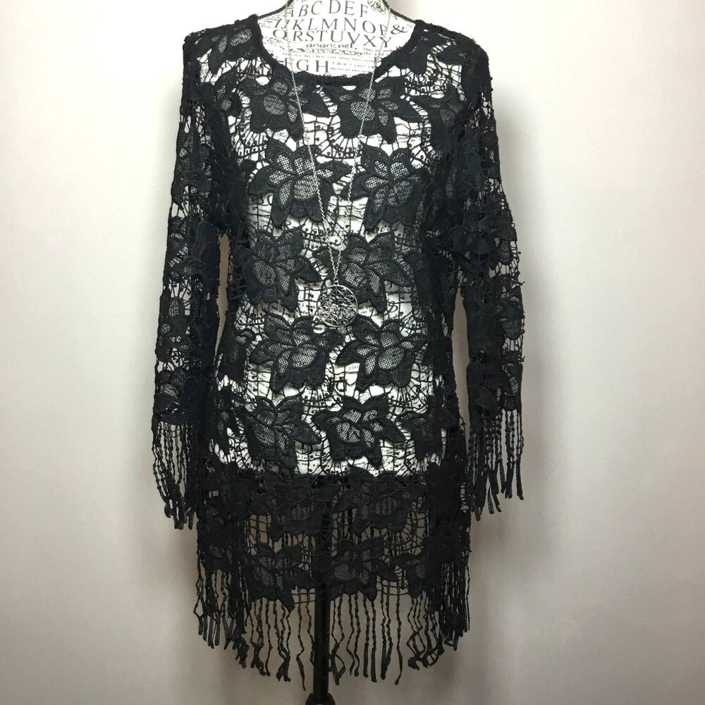 Black crochet tunic top short dress cover up tassel hem western witchy hippie M